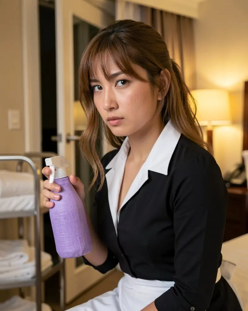 Jisoo Watanabe, a Lovmia companion in a black-and-white housekeeping uniform, in a hotel room