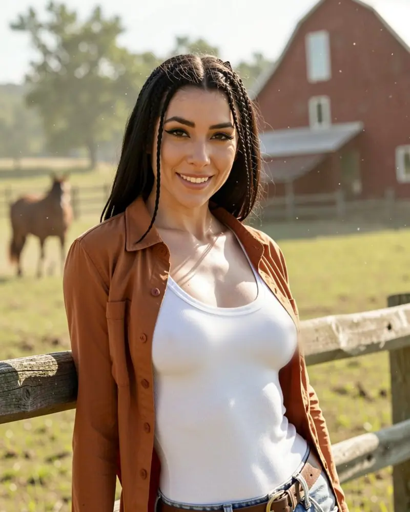 Luciana Cordova, a Lovmia companion in a rust shirt over a white tank top, leaning on a ranch fence