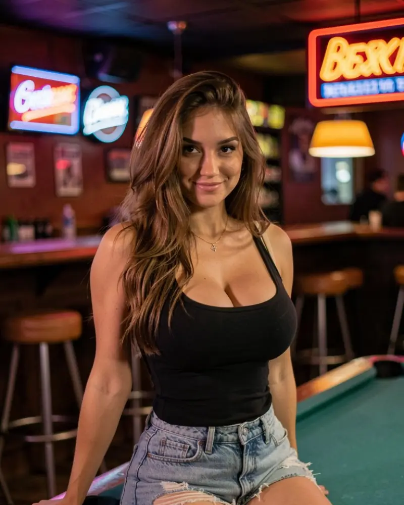 Riley Beckett, a Lovmia companion in a black tank top and denim shorts, in a neon-lit bar